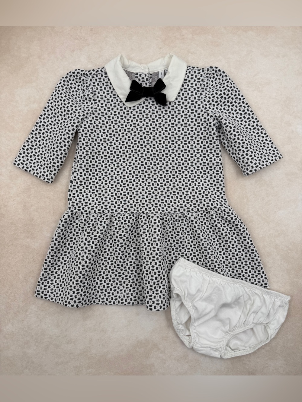 Janie and Jack Black and White Printed Peter Pan Collar Dress with Bow